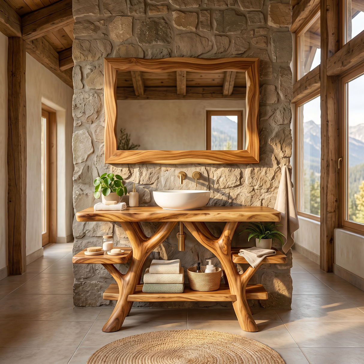 Bathroom Vanity Solid Wood with Branch Frame Shelves for Spa Bathroom Storage