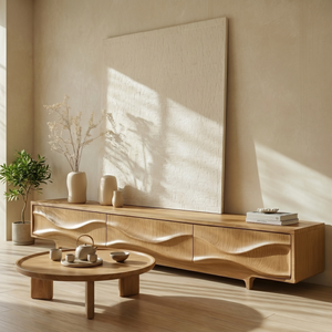 Solid Wood TV Console with Flowing Wave Carved Doors