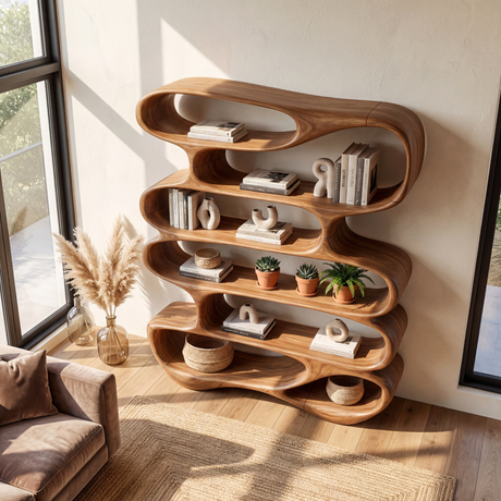 Flowing Open Form Wood Display Shelf with Sculptural Tiered Shelving