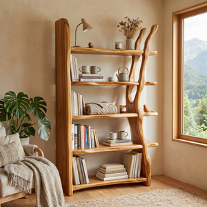 Freestanding Solid Wood Bookshelf with Sculptural Tree Support
