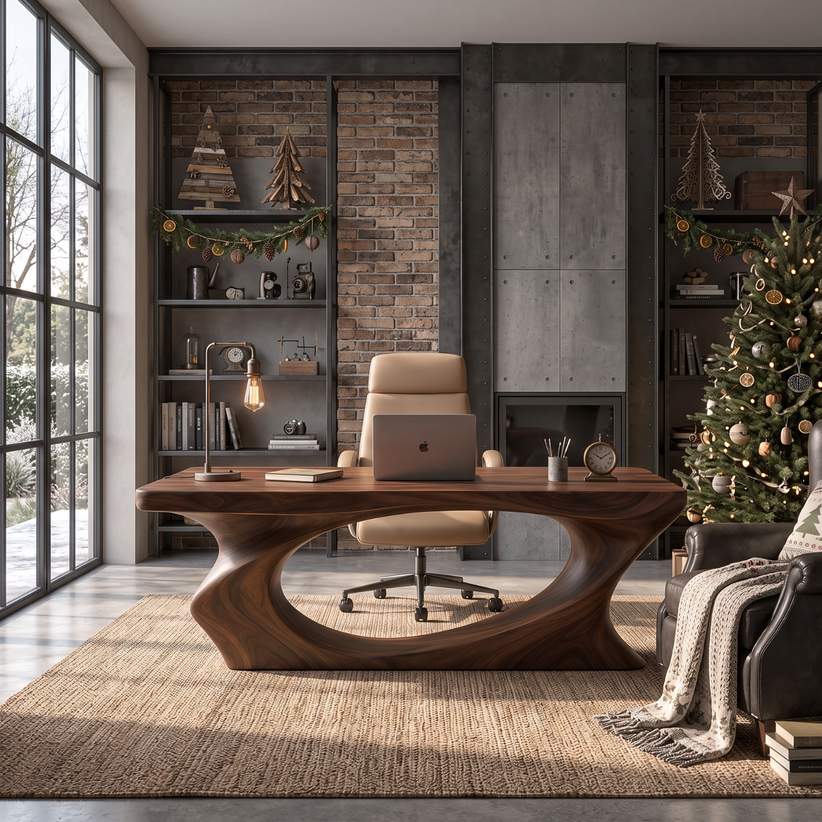 Sculptural Solid Wood Executive Desk with Organic Open Loop Base