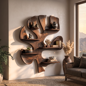 Solid Wood Tree Wall Shelf Sculpture, Organic Wall Mounted Display Shelf Decor