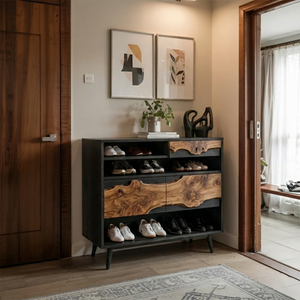 Modern Live Edge Wood Shoe Cabinet with Open Shelf Storage