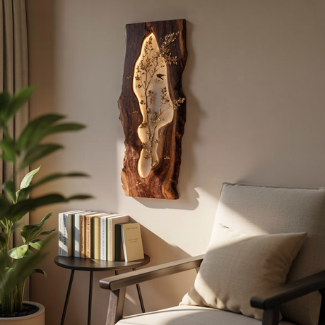 Illuminated Live Edge Wood Wall Art with Botanical Metal Inlay