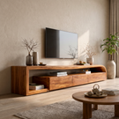 Sculptural Solid Wood TV Console with Curved Side Shelf and Storage Drawers