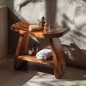Handcrafted Solid Wood Bath Bench with Open Shelf