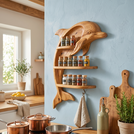 Handcrafted Dolphin Spice Rack with Three-Tier Solid Wood Wall Shelf Design