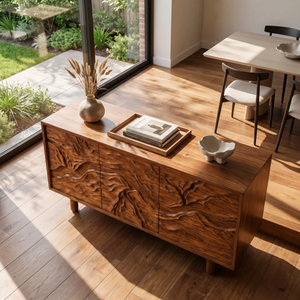 Sideboard Cabinet Solid Wood with Sculpted Flowing Relief Doors