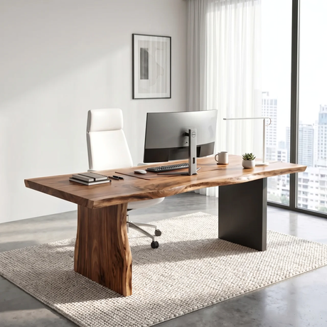 Solid Wood Office Desk with Live Edge Top and Panel Legs
