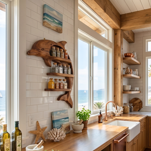 Handmade Solid Wood Dolphin Spice Organizer with Three Open Kitchen Shelves