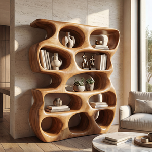 Abstract Organic Wood Display Shelf with Rounded Open Niches and Sculptural Form
