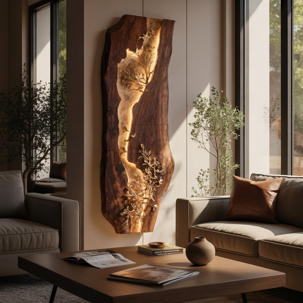 Live Edge Solid Wood Wall Sculpture with Organic Inlay