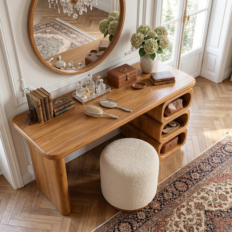 Solid Wood Vanity Table with Rounded Open Shelf Storage and Panel Leg