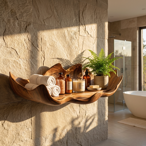 Handcrafted Solid Wood Bloom Tray Wall Shelf with Sculpted Petal Edge