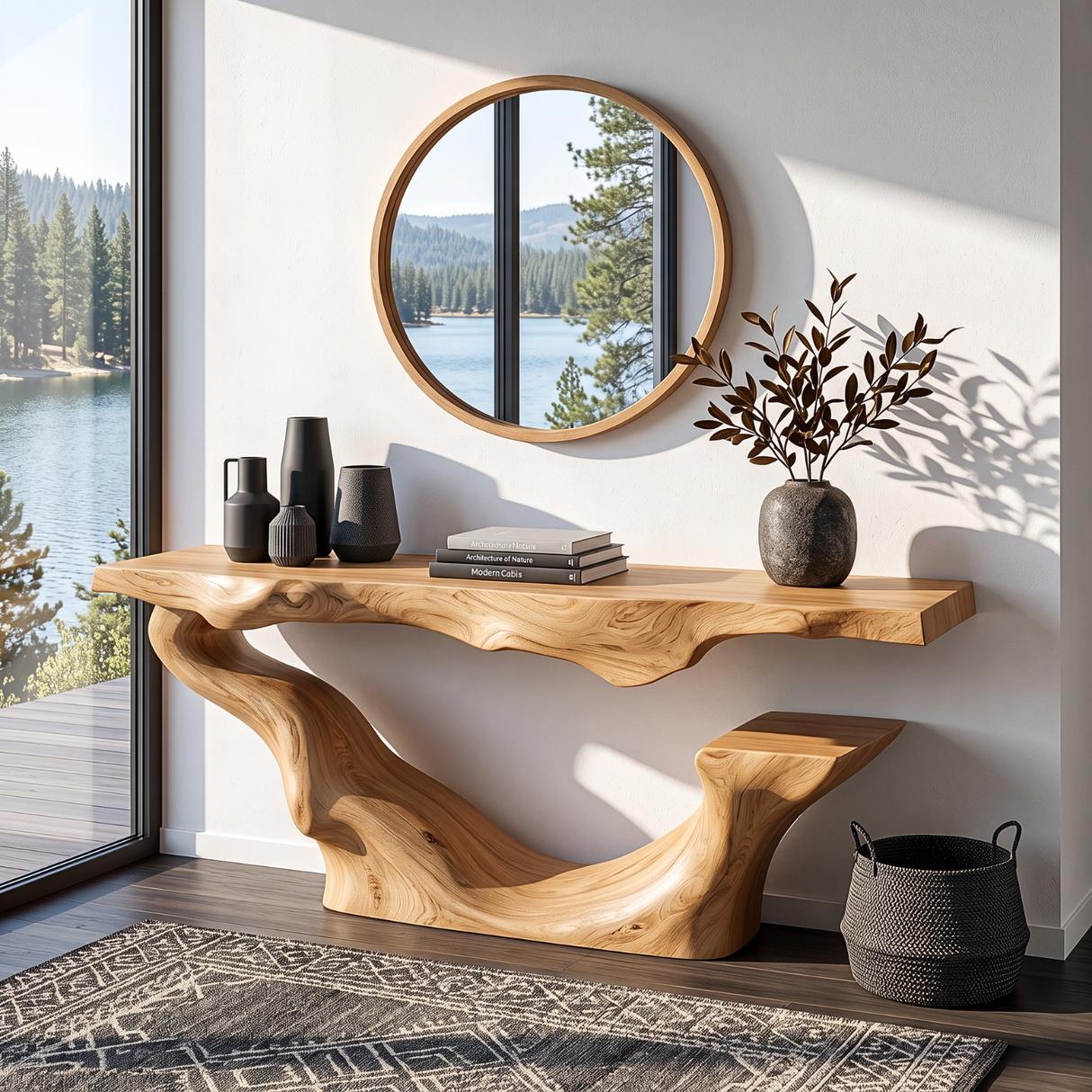 Organic Solid Wood Console Table with Sculptural Floating Curve Base