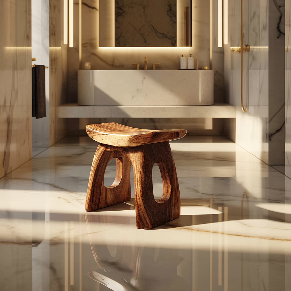 Sculpted Solid Wood Shower Stool with Open Arch Base