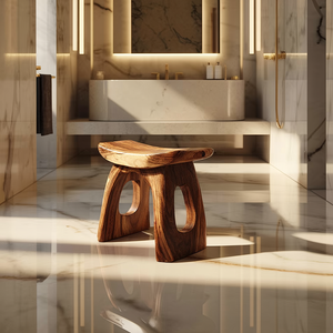 Sculpted Solid Wood Shower Stool with Open Arch Base