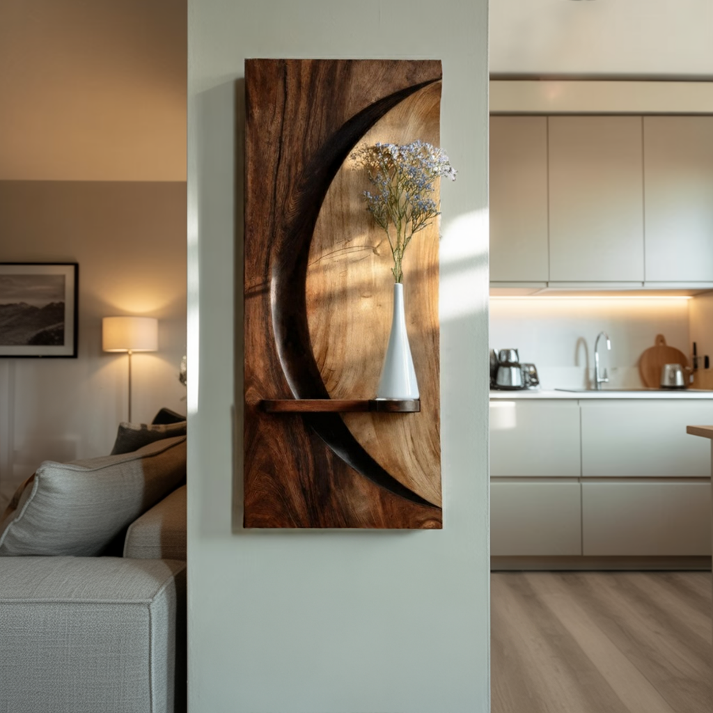 Solid Wood Crescent Wall Shelf Sculpture for Modern Home