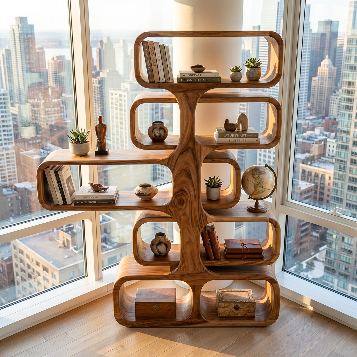 Organic Solid Wood Tree Bookshelf with Sculptural Open Shelves