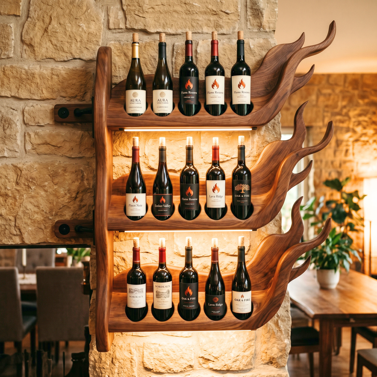 Modern Flame Inspired Solid Wood Wine Rack Wall Shelf