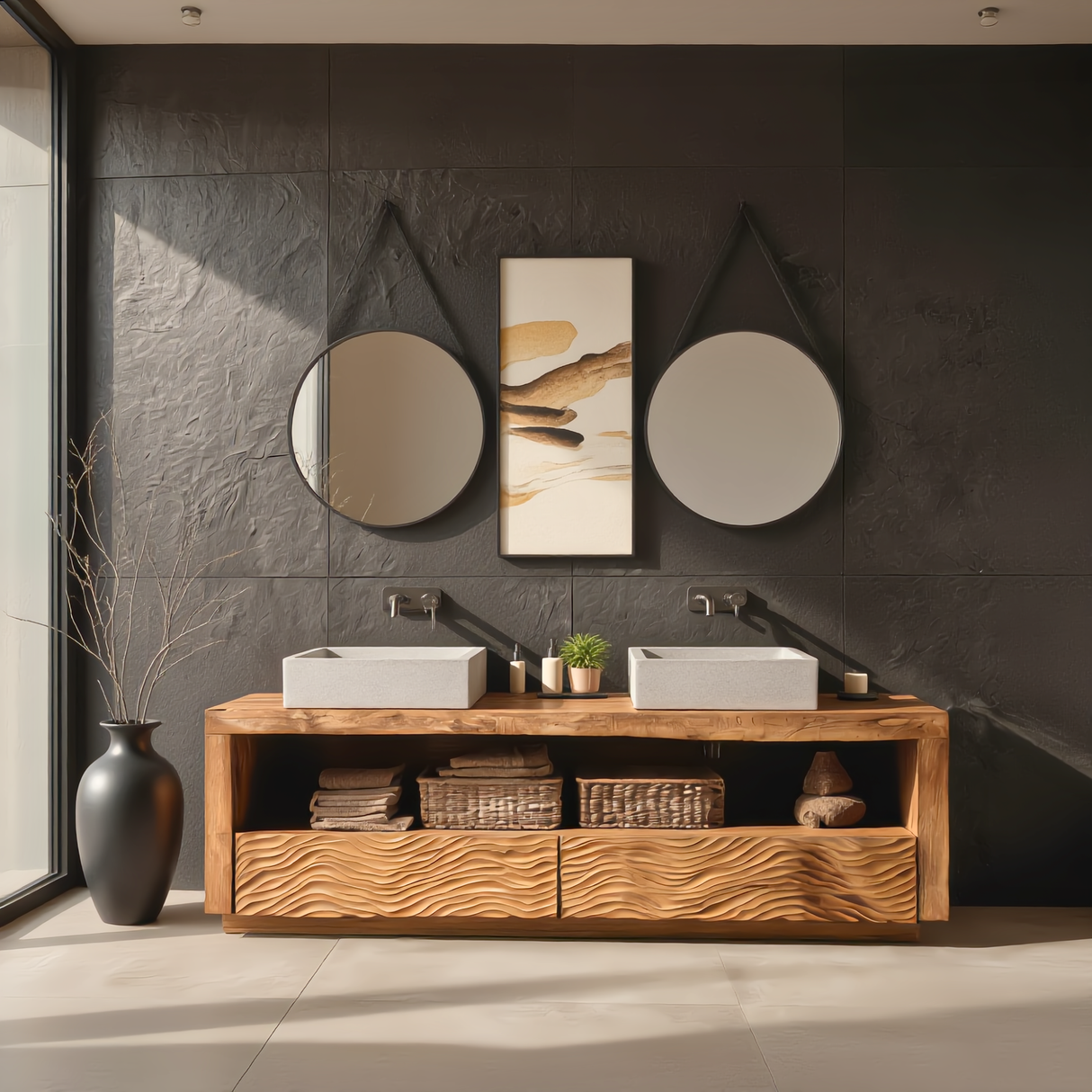 Wood Double Bathroom Vanity with Carved Wave Drawers and Open Shelf