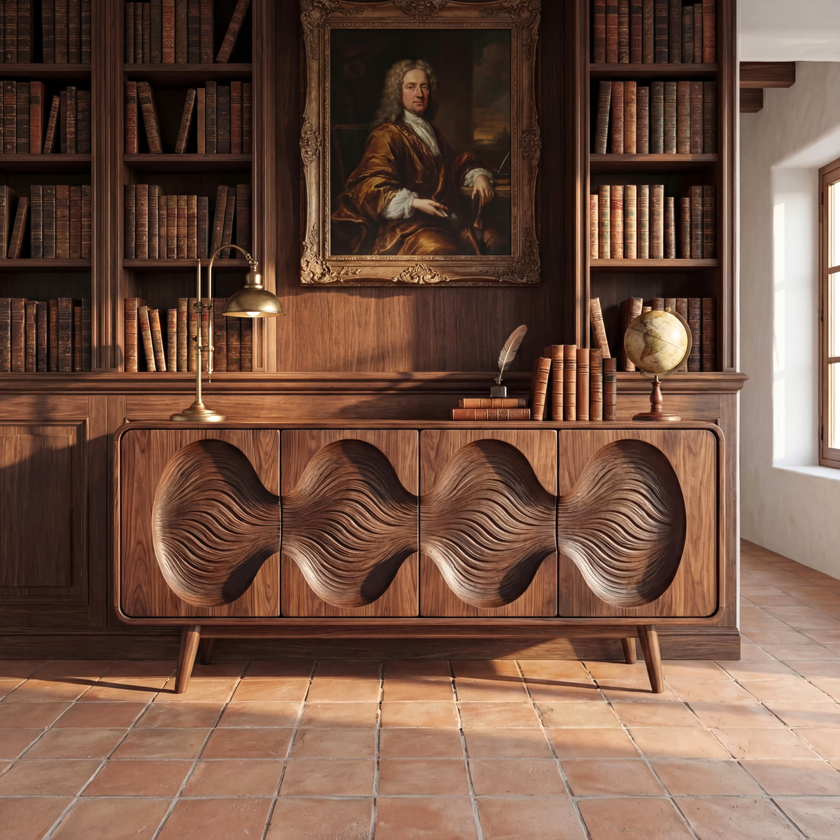 Carved Wave Front Solid Wood Sideboard for Living and Dining