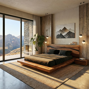 Solid Wood Bed with Wave Headboard, Modern Rustic Platform Bed