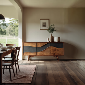 Solid Wood Sideboard with Sculpted Wave Front Modern Artistic Storage Buffet Cabinet for Living Room