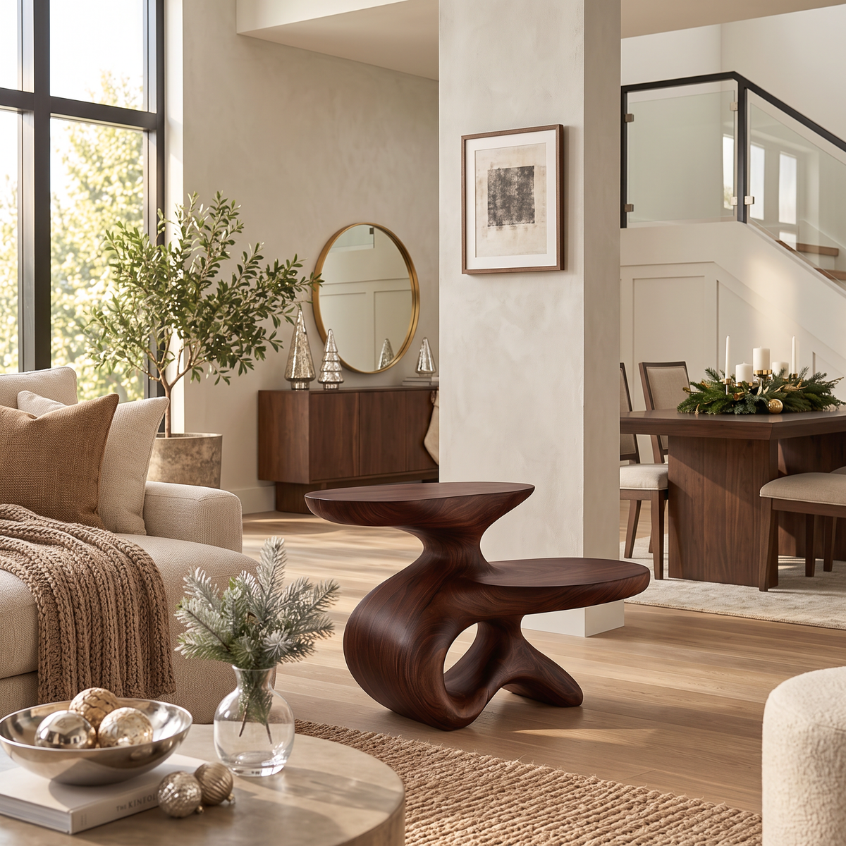 Sculptural Solid Wood Side Table with Two Tier Shelves and Organic Loop Base