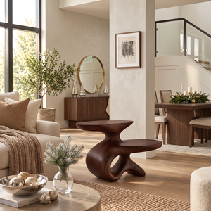 Sculptural Solid Wood Side Table with Two Tier Shelves and Organic Loop Base