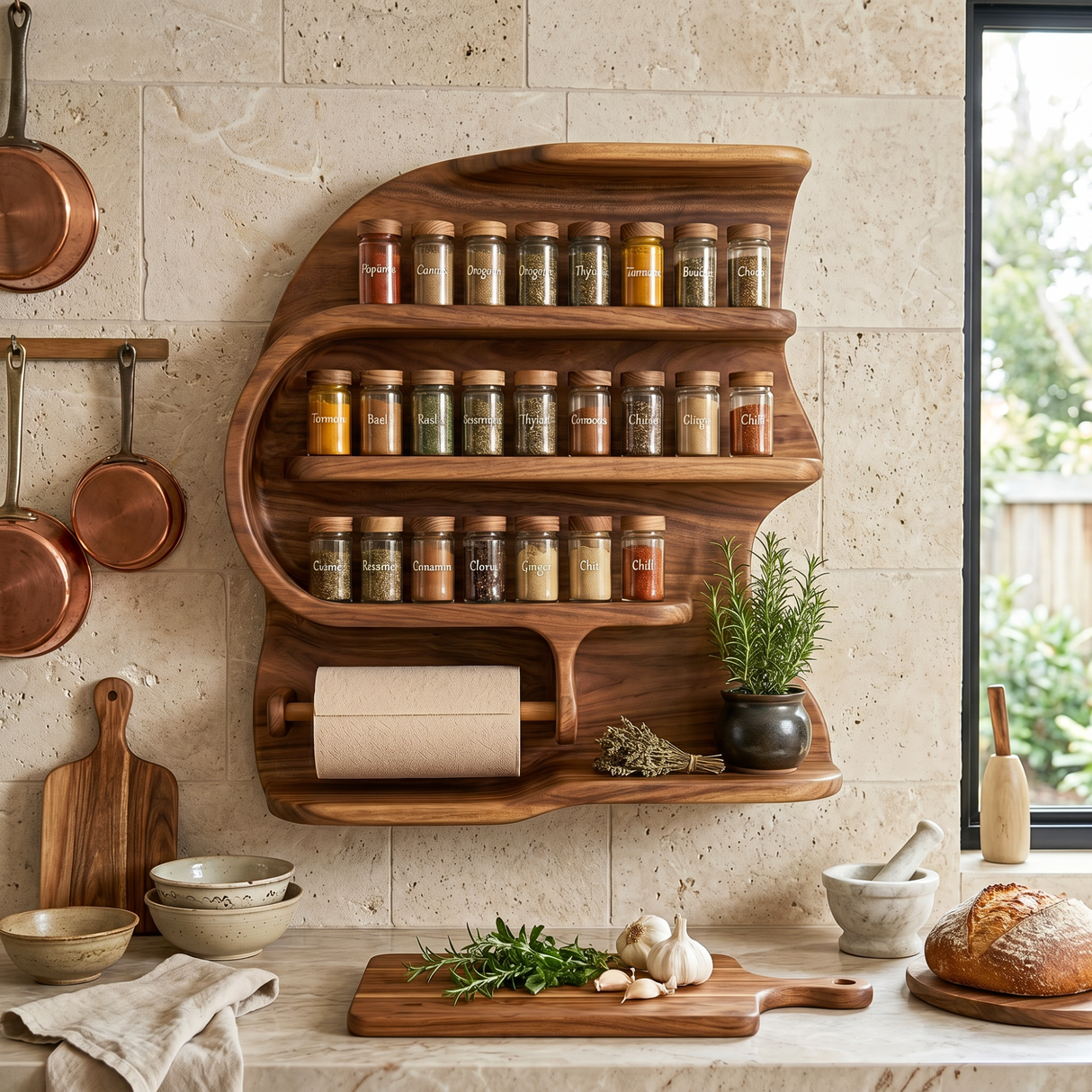Sculptural Solid Wood Wall Spice Rack with Paper Towel Holder