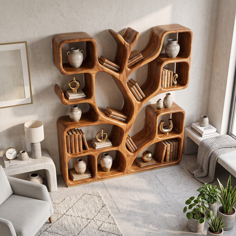 Handcrafted Solid Wood Tree Bookshelf with Organic Open Display Shelves