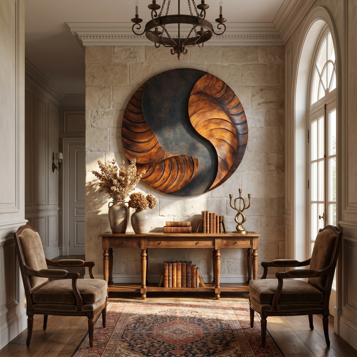 Handcrafted Round Wood Wall Sculpture with Layered Spiral Relief and Dark Center Flow
