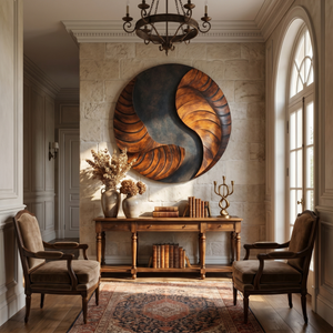 Handcrafted Round Wood Wall Sculpture with Layered Spiral Relief and Dark Center Flow