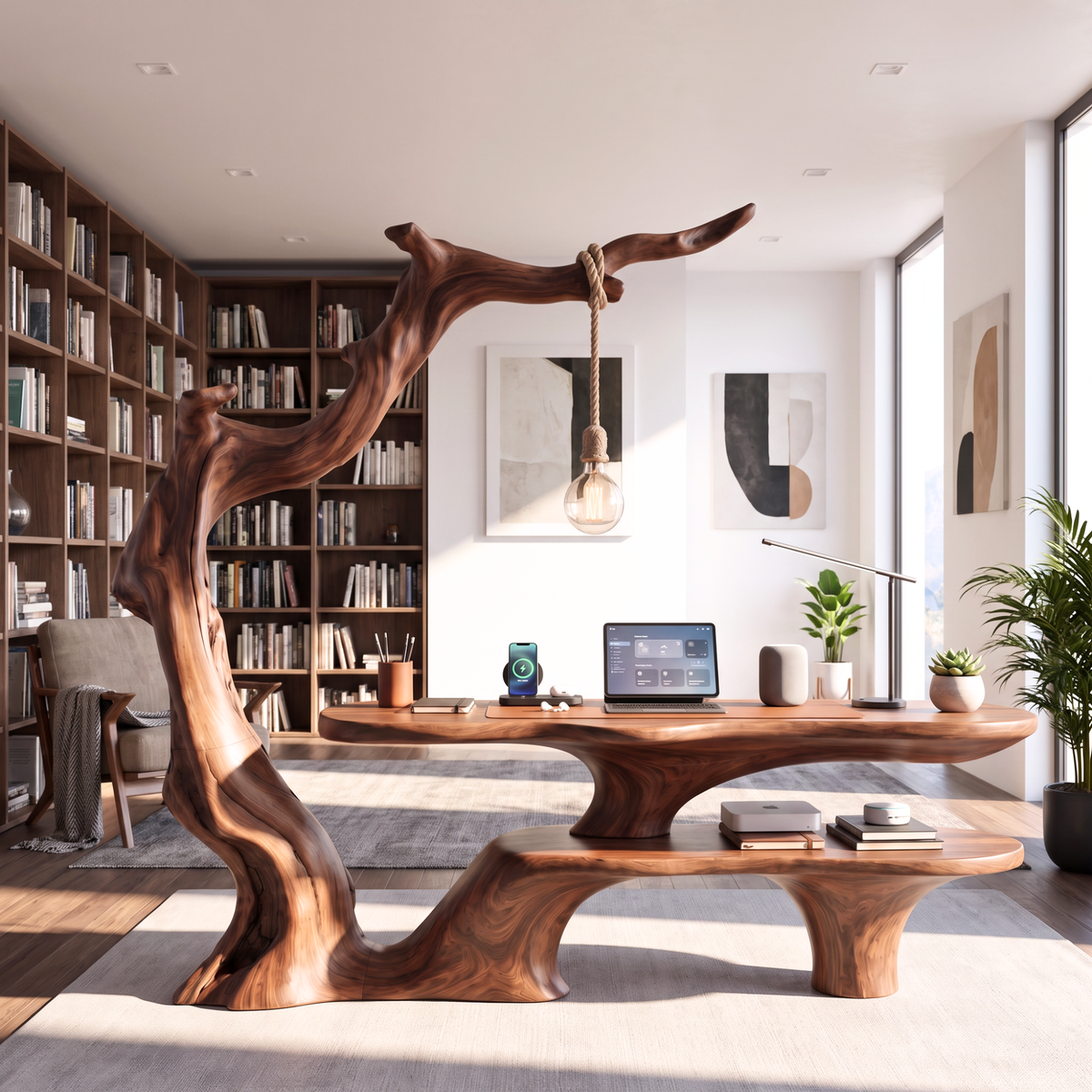 Sculptural Work Desk Tree Inspired Design with Hanging Lamp Organic Modern Workspace Table