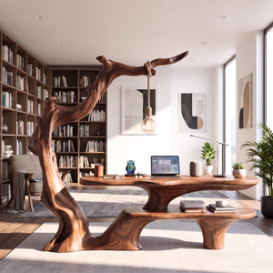Sculptural Work Desk Tree Inspired Design with Hanging Lamp Organic Modern Workspace Table