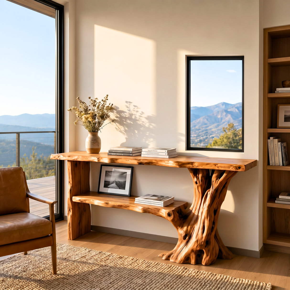 Rustic Wooden Console Table Tree Form Entryway Shelf