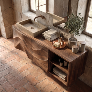 Sculptural Solid Wood Bathroom Vanity Cabinet with Carved Wave Front