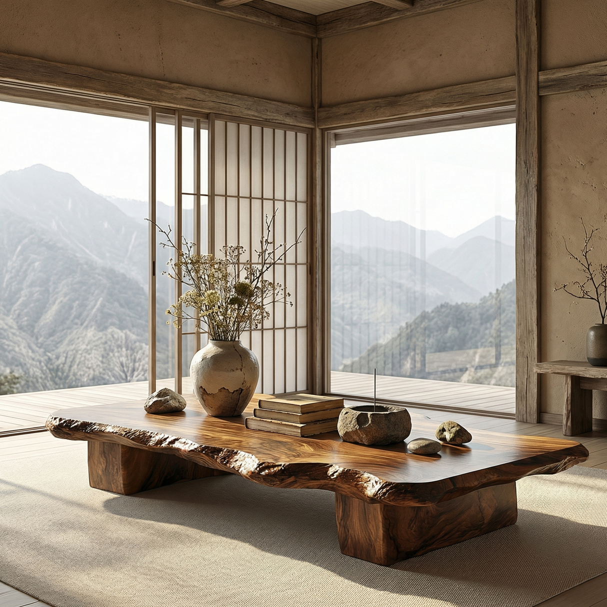 Solid Wood Live Edge Tea Table for Zen Tatami and Japandi Spaces