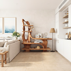 Artistic Solid Wood Console Table with Sculptural Base and Tiered Display Shelves Organic Freeform Console Table