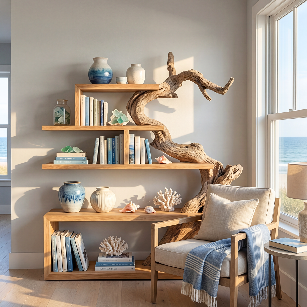 Organic Solid Wood Bookshelf with Sculptural Tree Form Modern Display Shelf Storage Unit