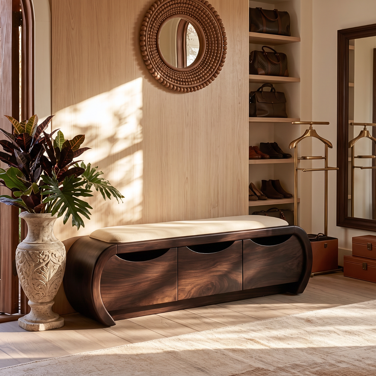 Curved Solid Wood Shoe Cabinet Bench with Three Hidden Storage Compartments