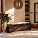 Curved Solid Wood Shoe Cabinet Bench with Three Hidden Storage Compartments