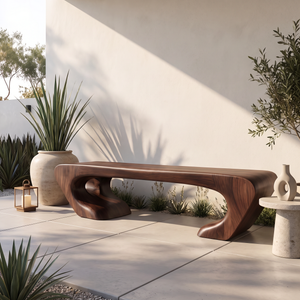 Bench Solid Wood with Sculptural Asymmetrical Base and Flowing Organic Seat