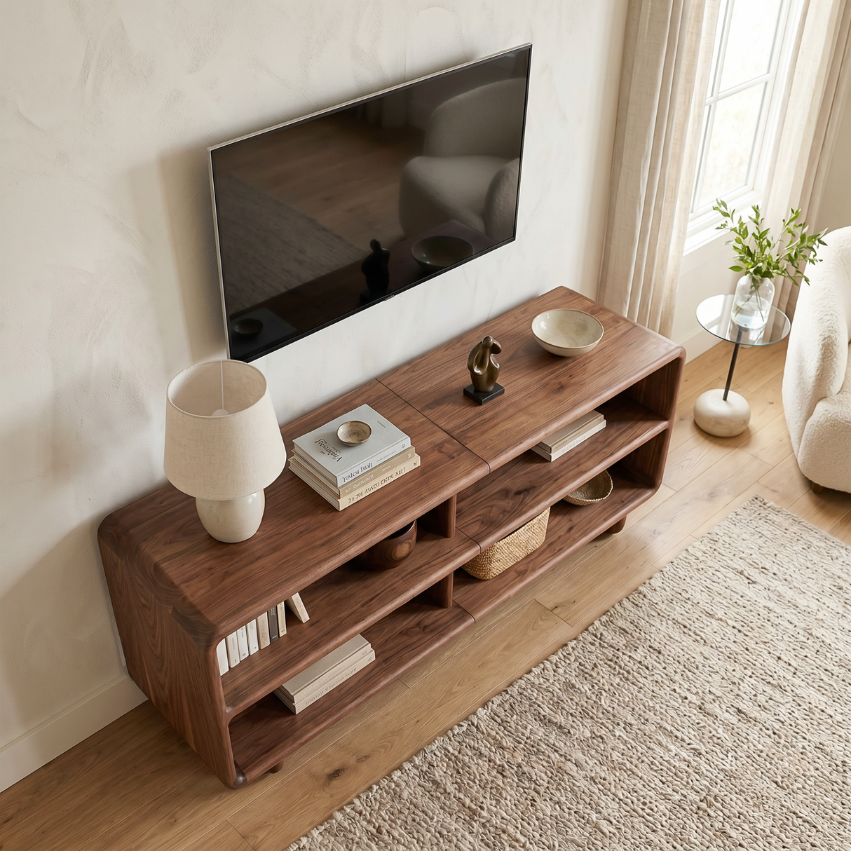 Solid Wood Open Shelf Sideboard with Rounded Edge Storage Design