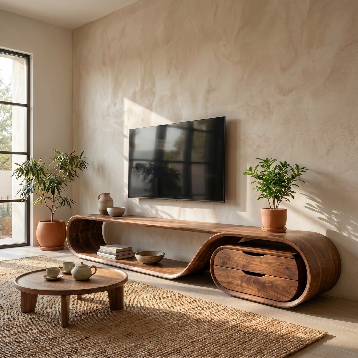 Flowing Organic Solid Wood TV Console with Oval Drawer Cabinet