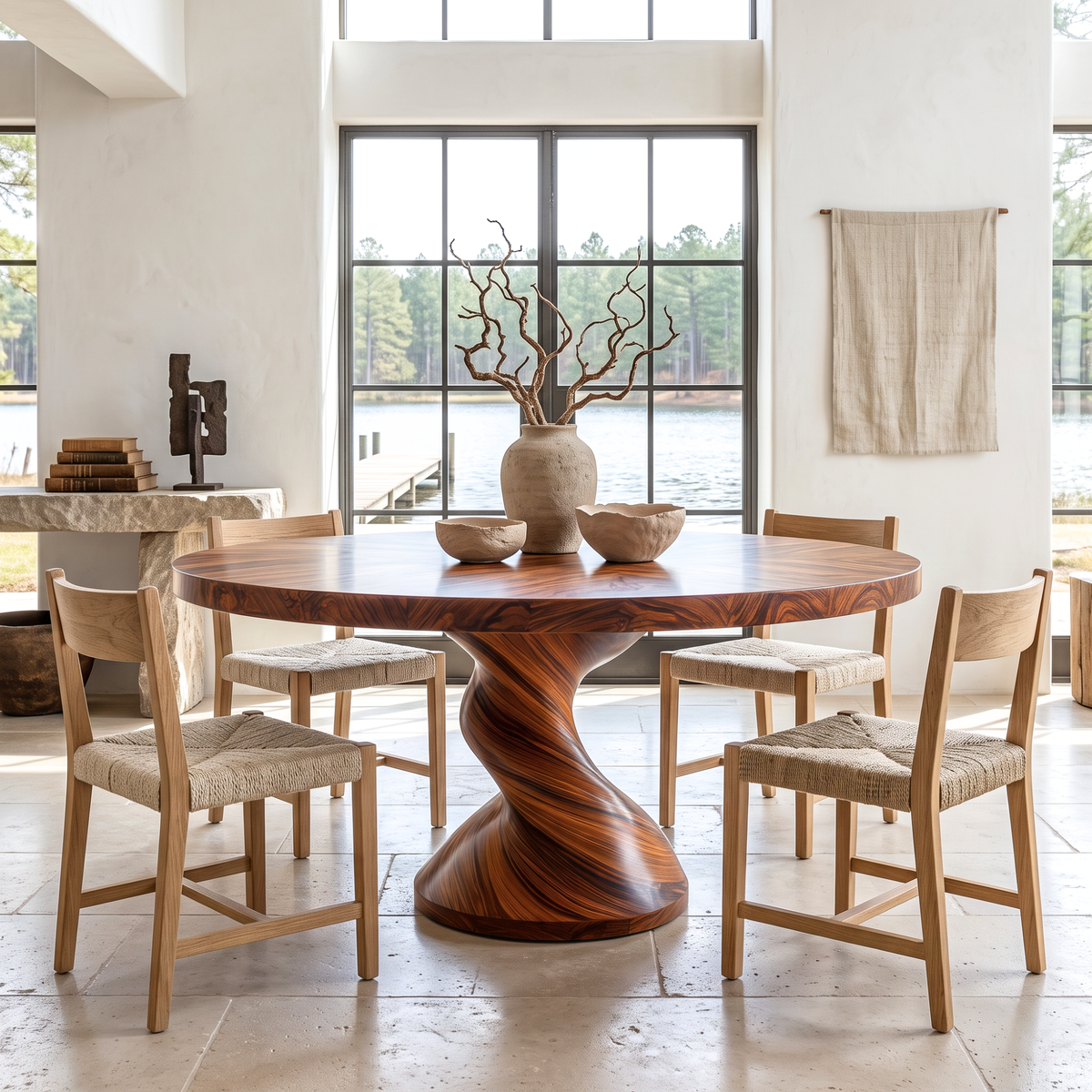Dining Table with Twisted Pedestal Base and Round Solid Wood Top