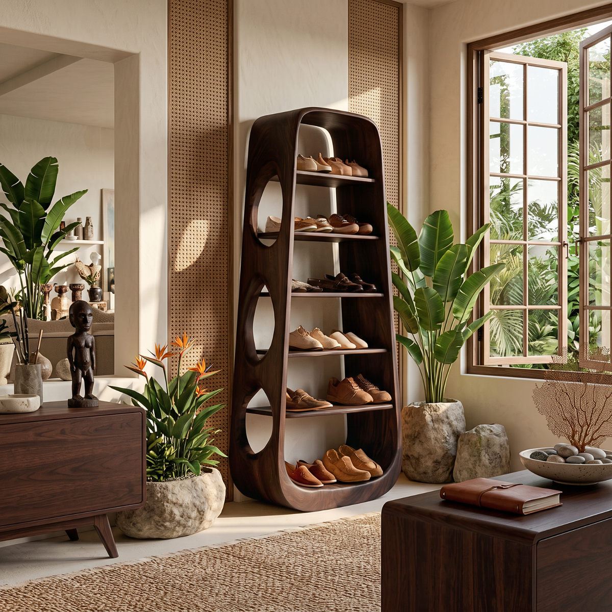 Shoe Cabinet Solid Wood Tall Open Shoe Storage Rack for Entryway Bedroom and Closet