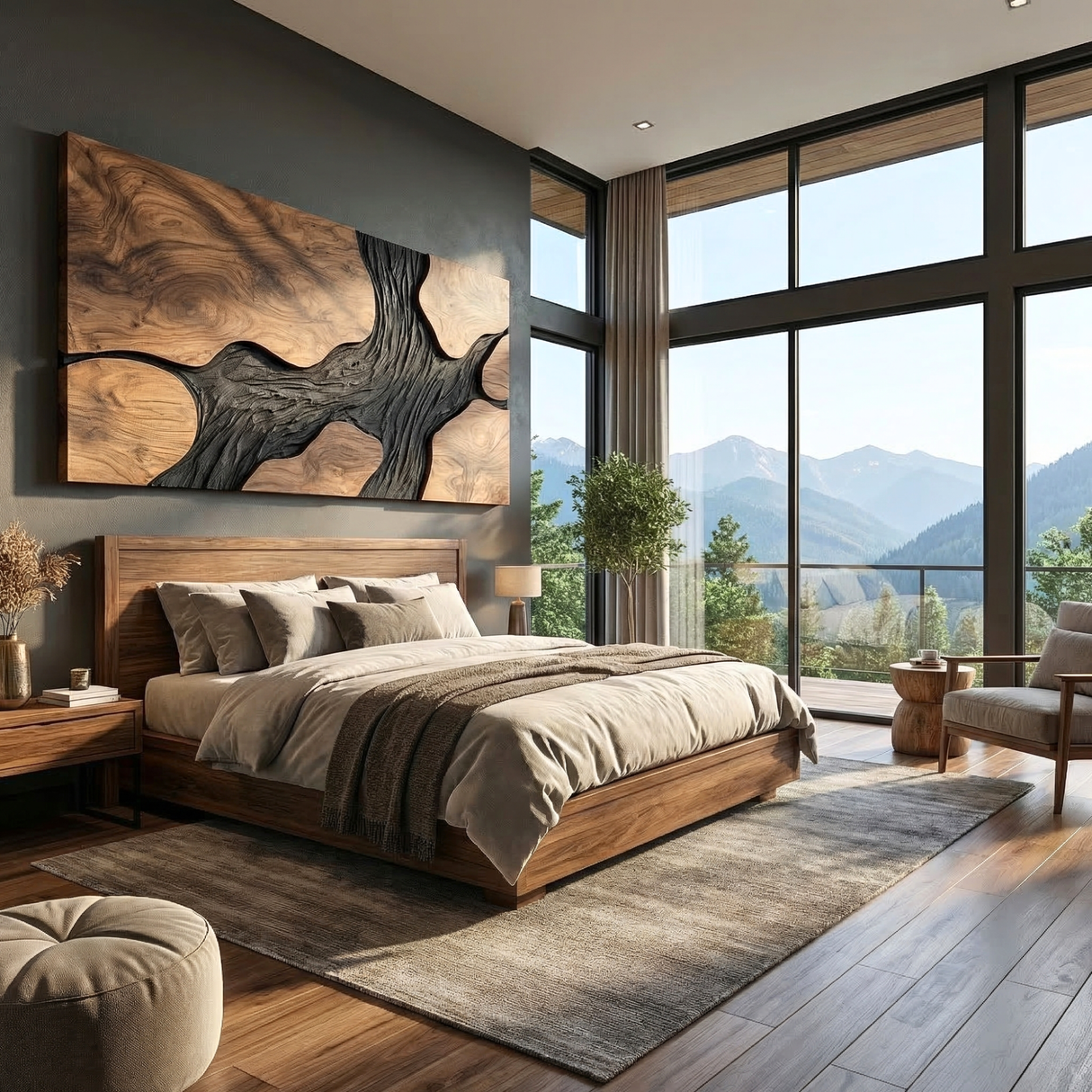 Sculptural Wood Wall Art Panel with Black Flowing Grain Form