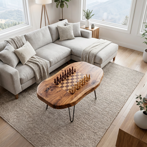 Live Edge Solid Wood Chess Coffee Table with Built In Game Board